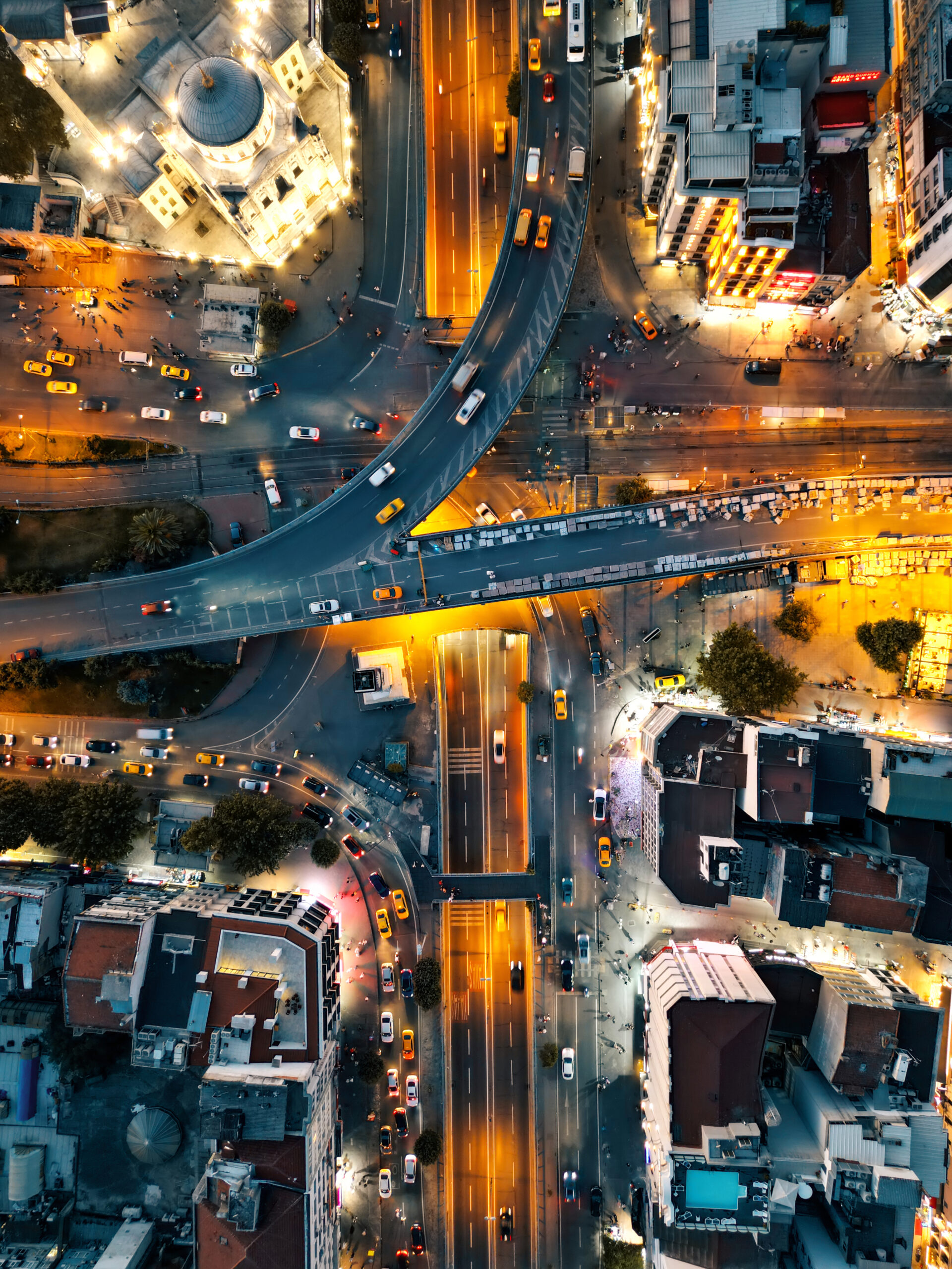 Aerial drone view of Istanbul at night, Turkey